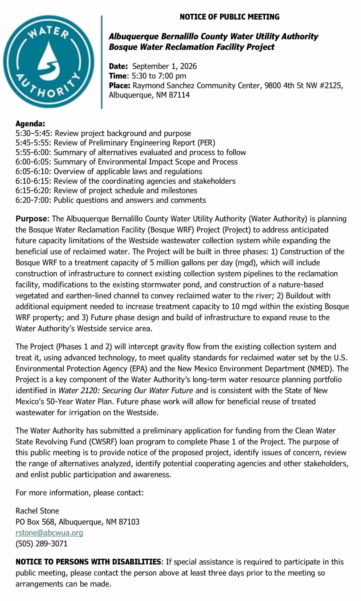 NOTICE OF PUBLIC SCOPING MEETING BOSQUE WRF